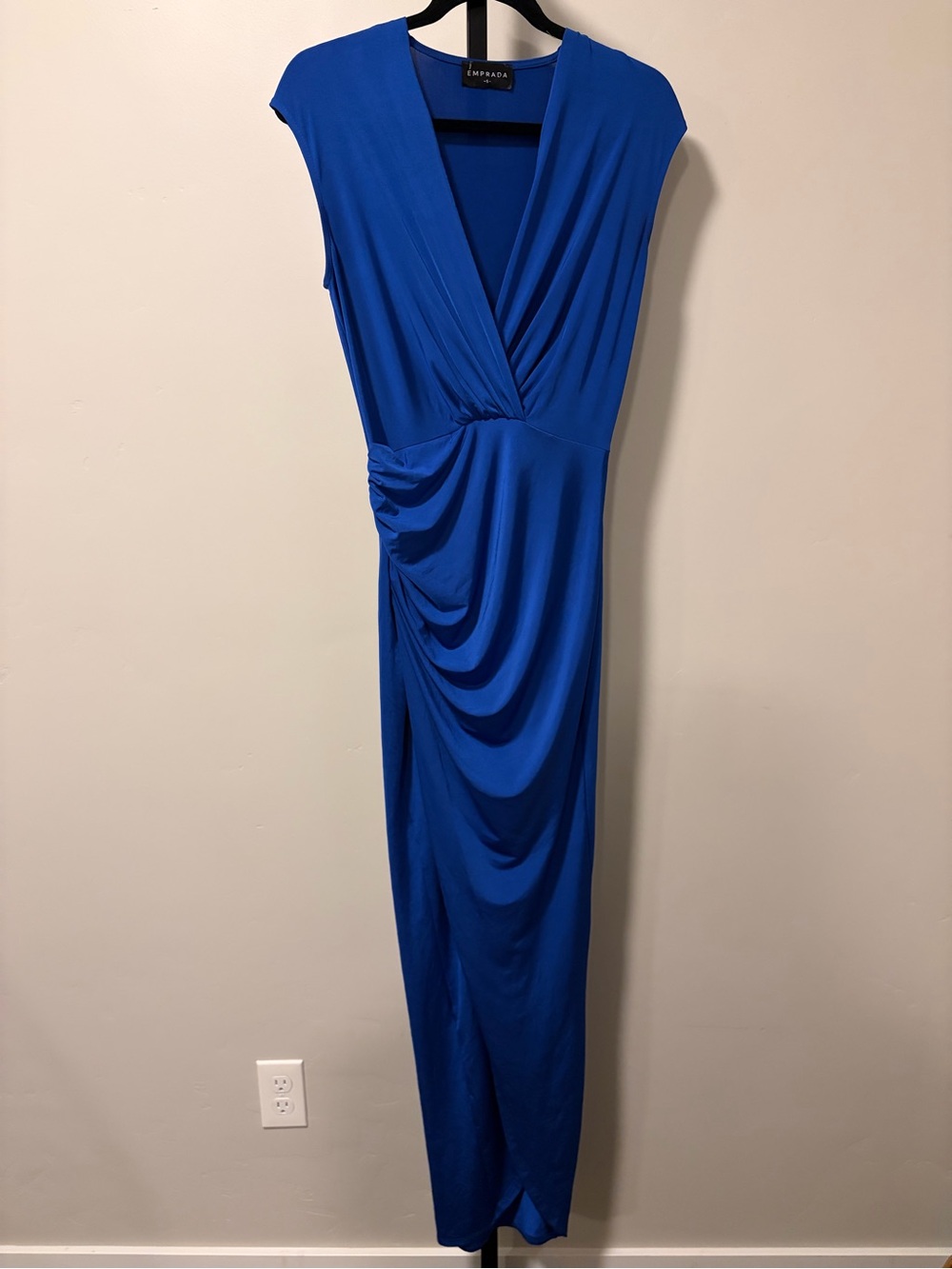 Emprada Royal Blue Maxi Dress Ruched High Slit V Neck Wedding Guest S